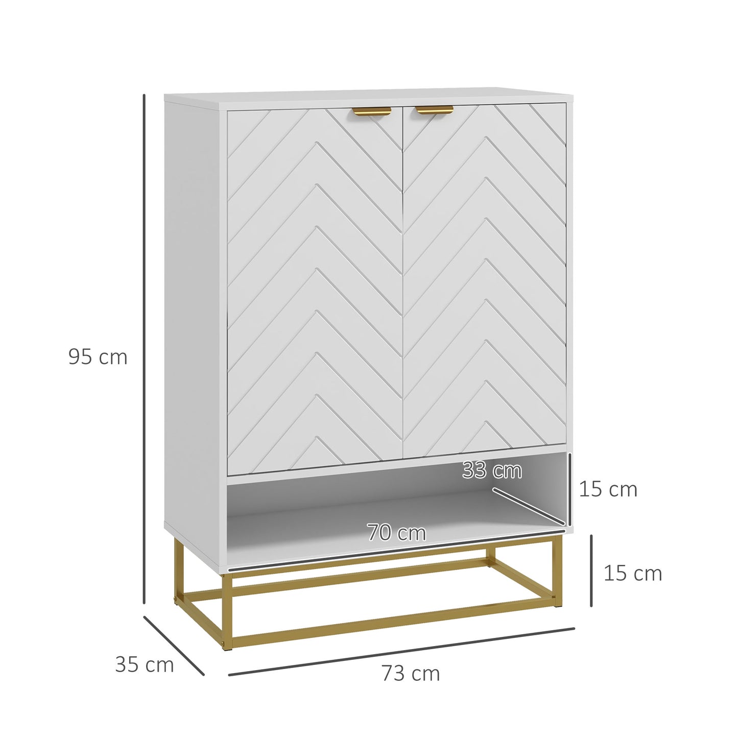 Cosu White Wooden Chevron Shoe Cupboard With Bottom Shelf and Gold Accents For 12 Pairs
