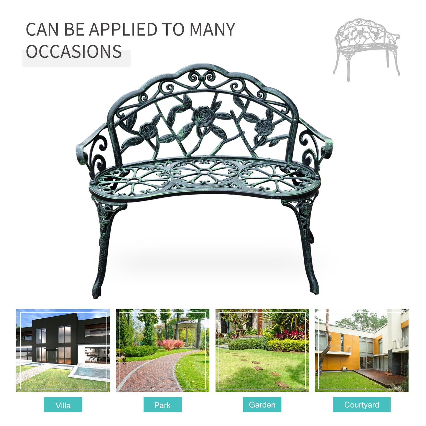 Rakeba Cast Aluminium Antique Green 2 Seater Garden Bench With Floral Backrest