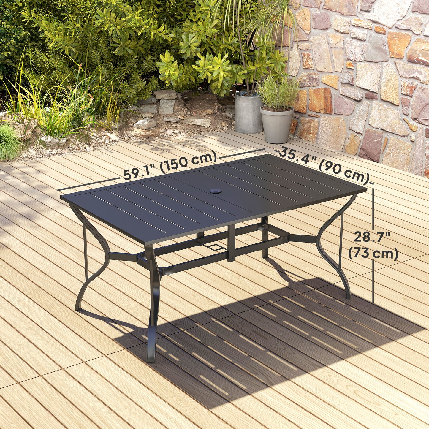 Ludo 150cm Steel Black Rectangular Garden Dining Table With Slatted Top And Parasol Hole