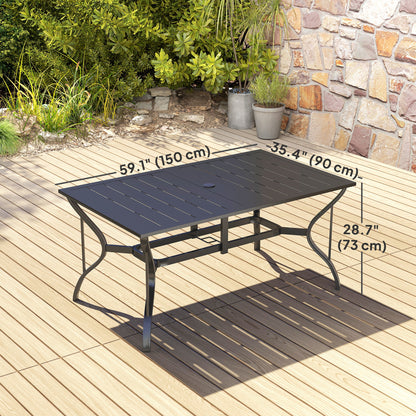 Ludo 150cm Steel Black Rectangular Garden Dining Table With Slatted Top And Parasol Hole