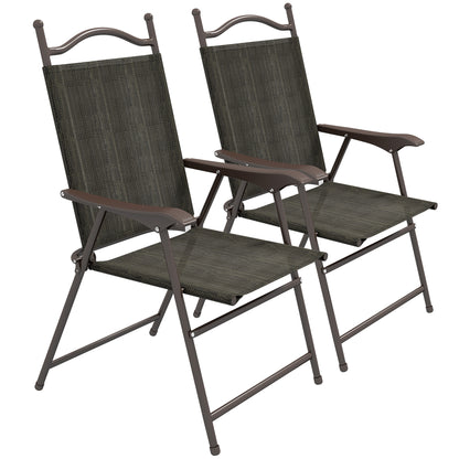 Covani Set Of 2 Metal Dark Brown Folding Garden Chairs With Fabric Mesh Seats