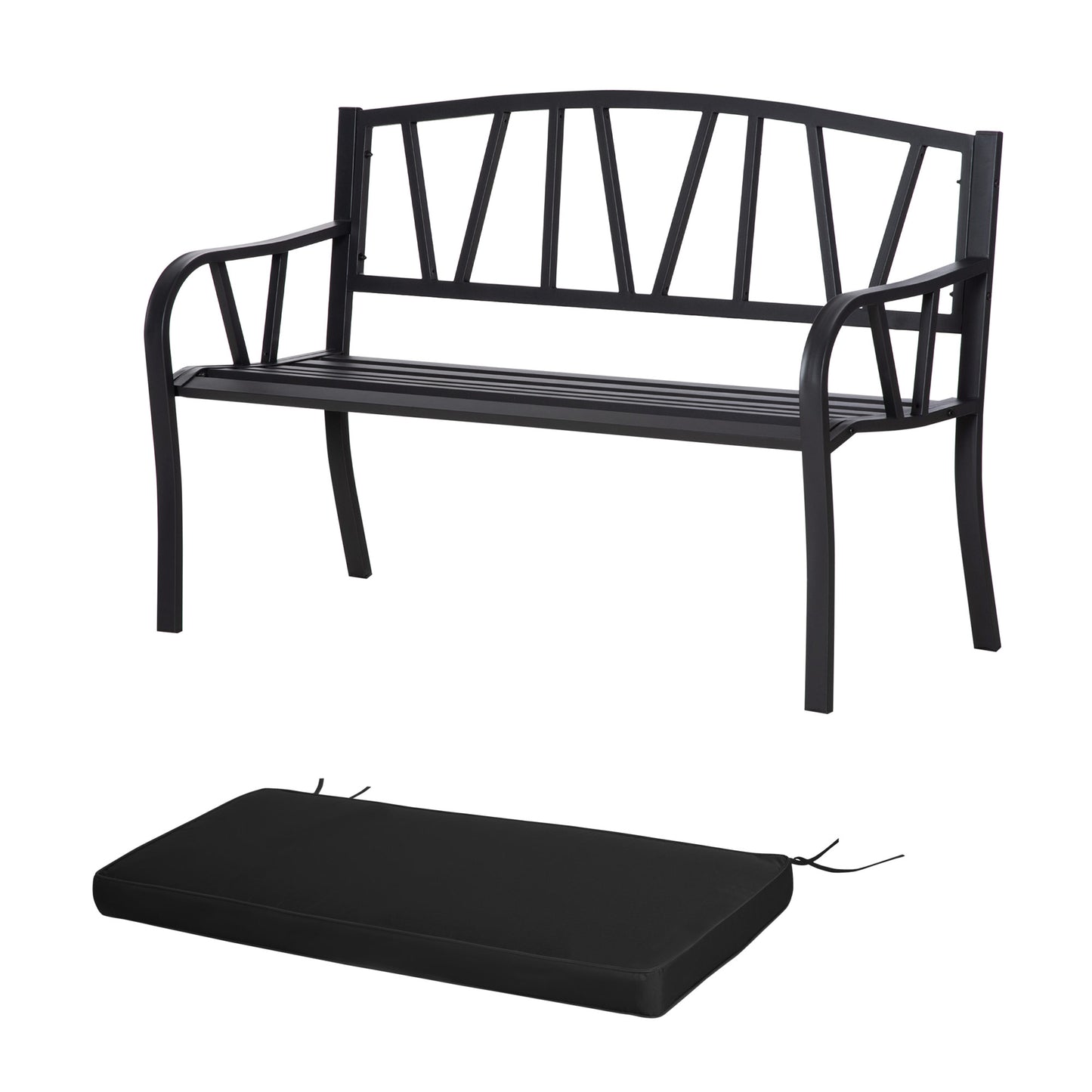 Sutte Metal Black 2 Seater Outdoor Garden Bench With Cushion and Decorative Backrest