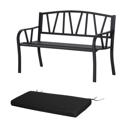 Sutte Metal Black 2 Seater Outdoor Garden Bench With Cushion and Decorative Backrest