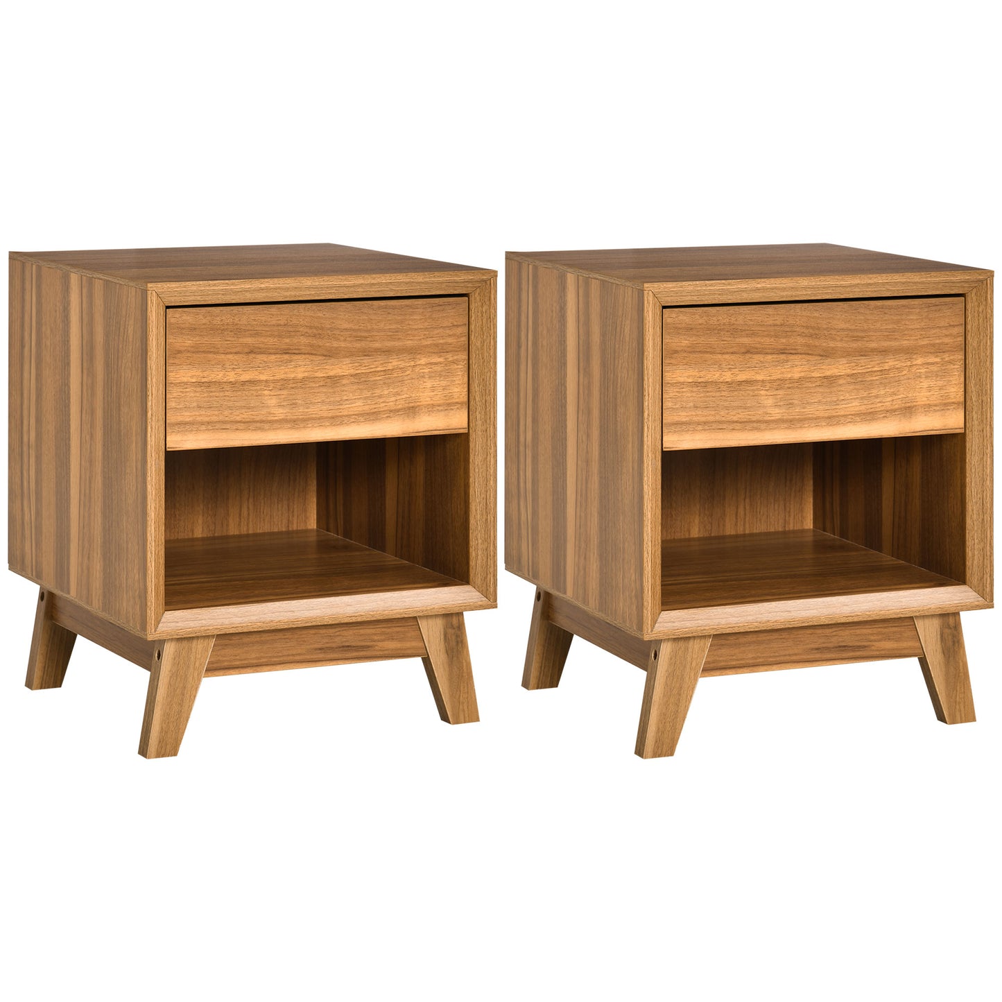 Fatoco  Set Of 2 Wooden Walnut Brown Bedside Tables With Drawer And Shelf