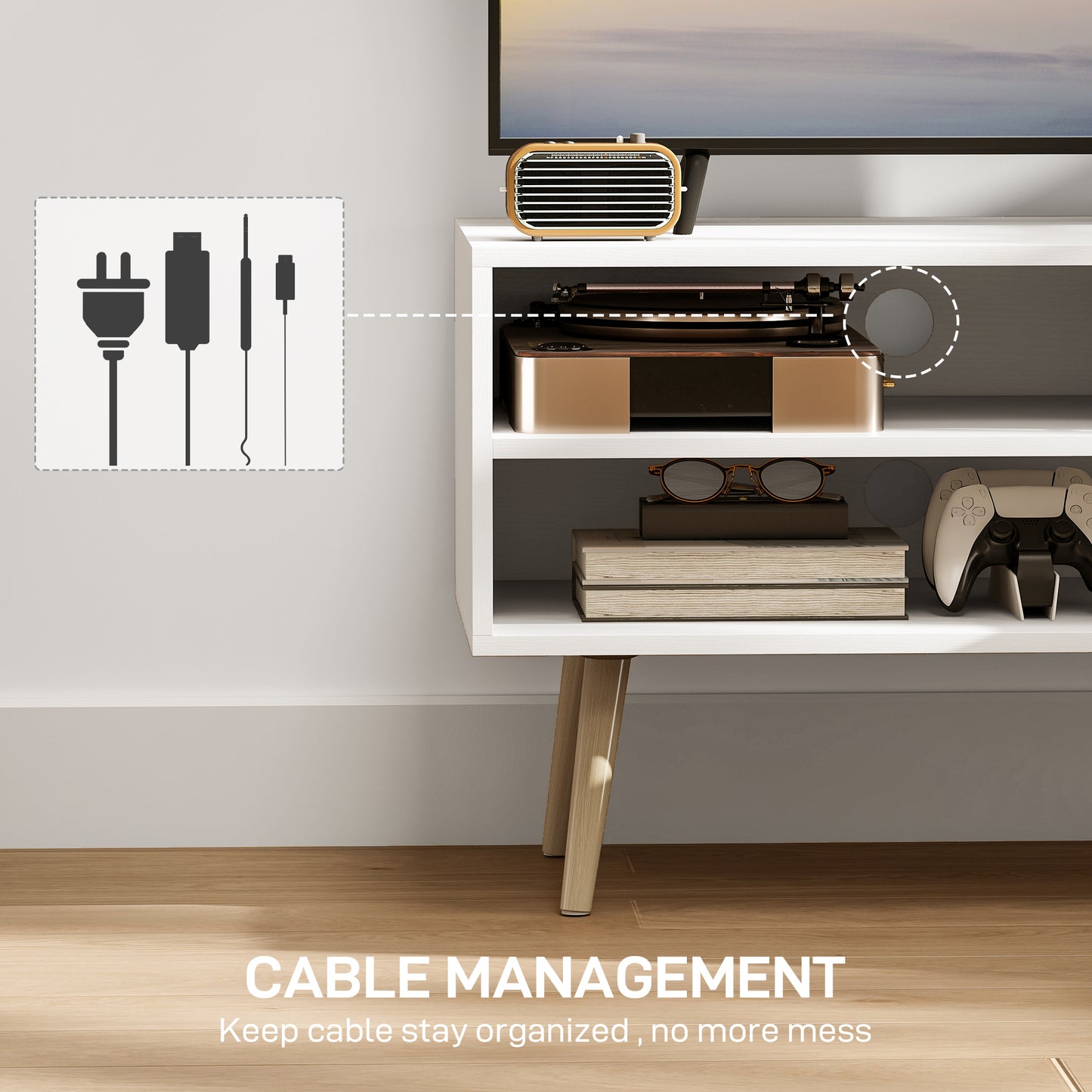 Avalia 110cm White TV Stand For Screens Up To 55 Inches With Open Shelves And Cable Access