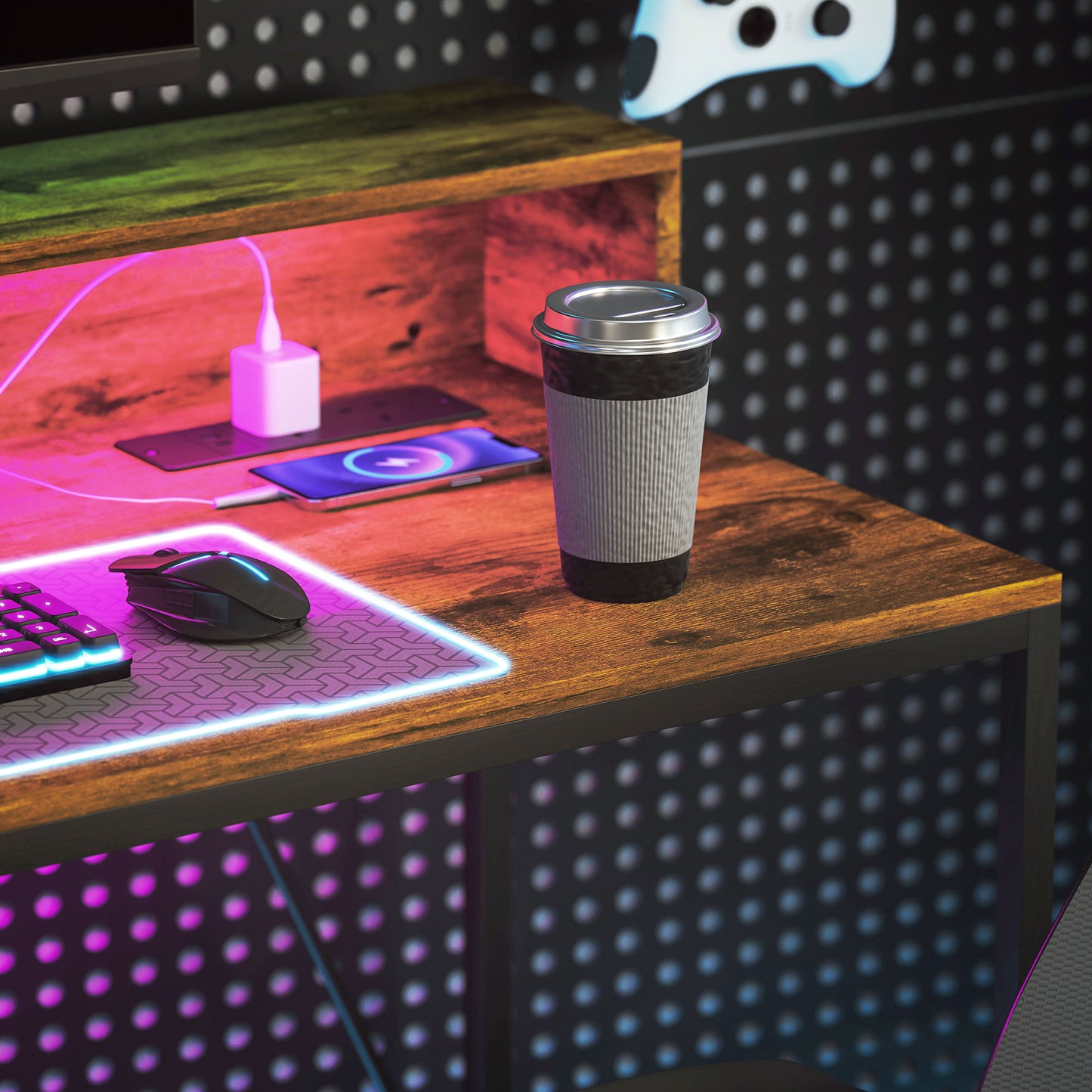 Hanive 120cm Rustic Brown Gaming Desk With LED Lights Power Outlets And Monitor Stand