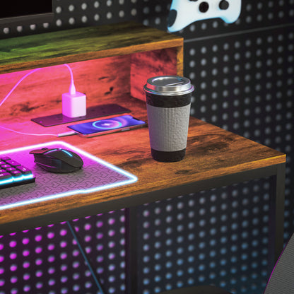 Hanive 120cm Rustic Brown Gaming Desk With LED Lights Power Outlets And Monitor Stand