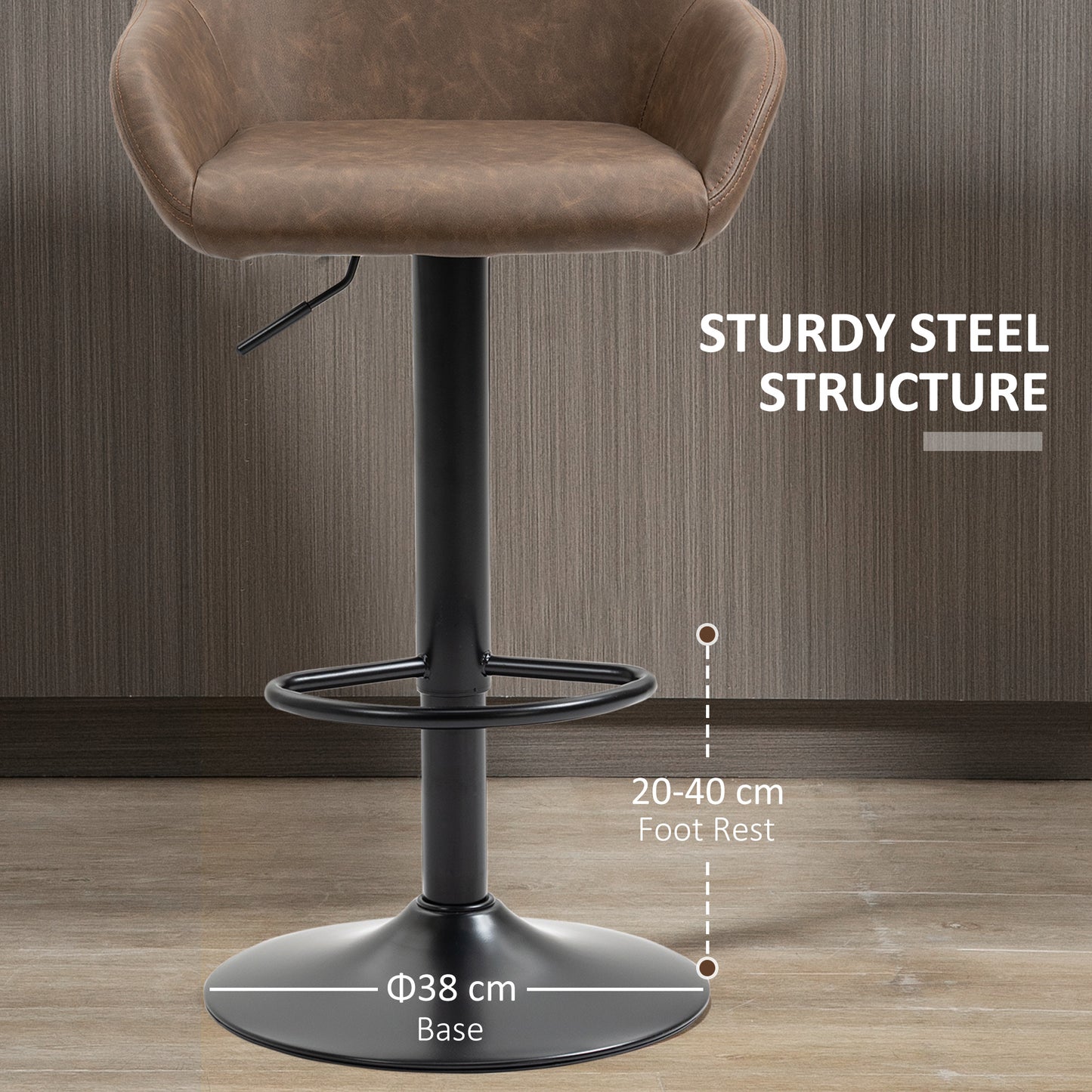 Fadota Set Of 2 Dark Brown Faux Leather Adjustable Bar Chairs With Armrests