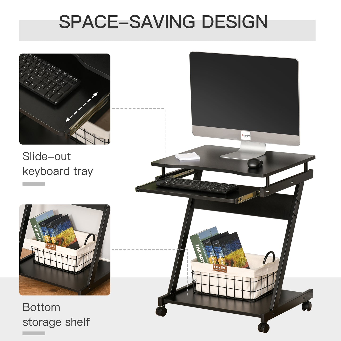 Kamo Wooden Black Mobile Desk With Castor Wheels And Sliding Keyboard Tray