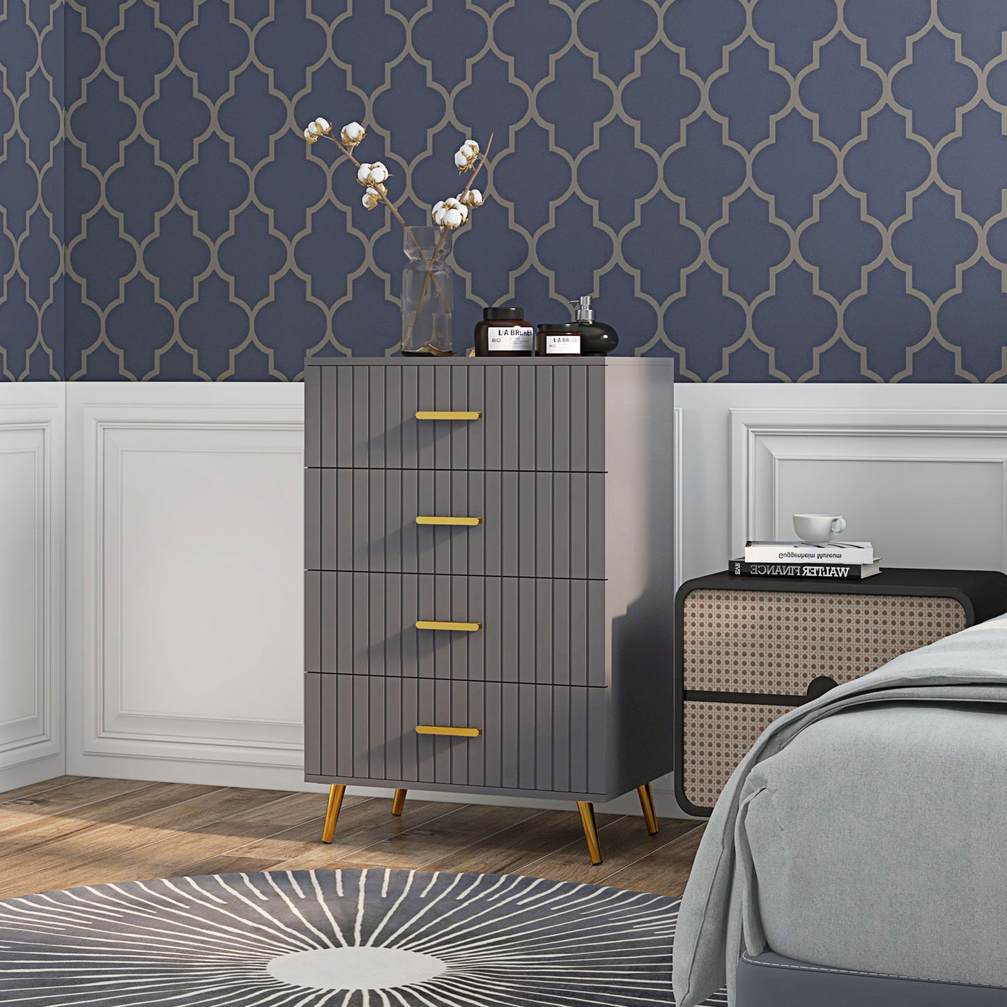 Zine Wooden Grey And Gold Tone 4 Drawer Embossed Dresser