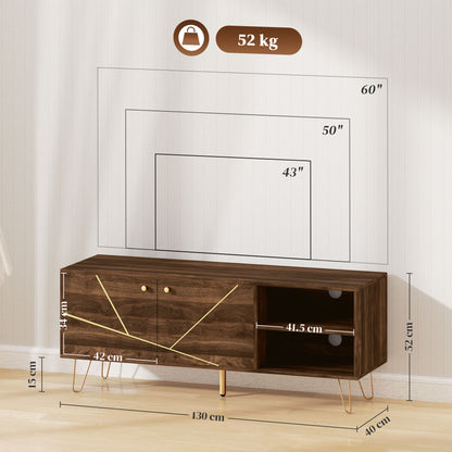 Lurali 130cm Wooden Brown TV Cabinet 2 Doors and Shelf Gold Hairpin Legs For Screens Up To 60 Inches