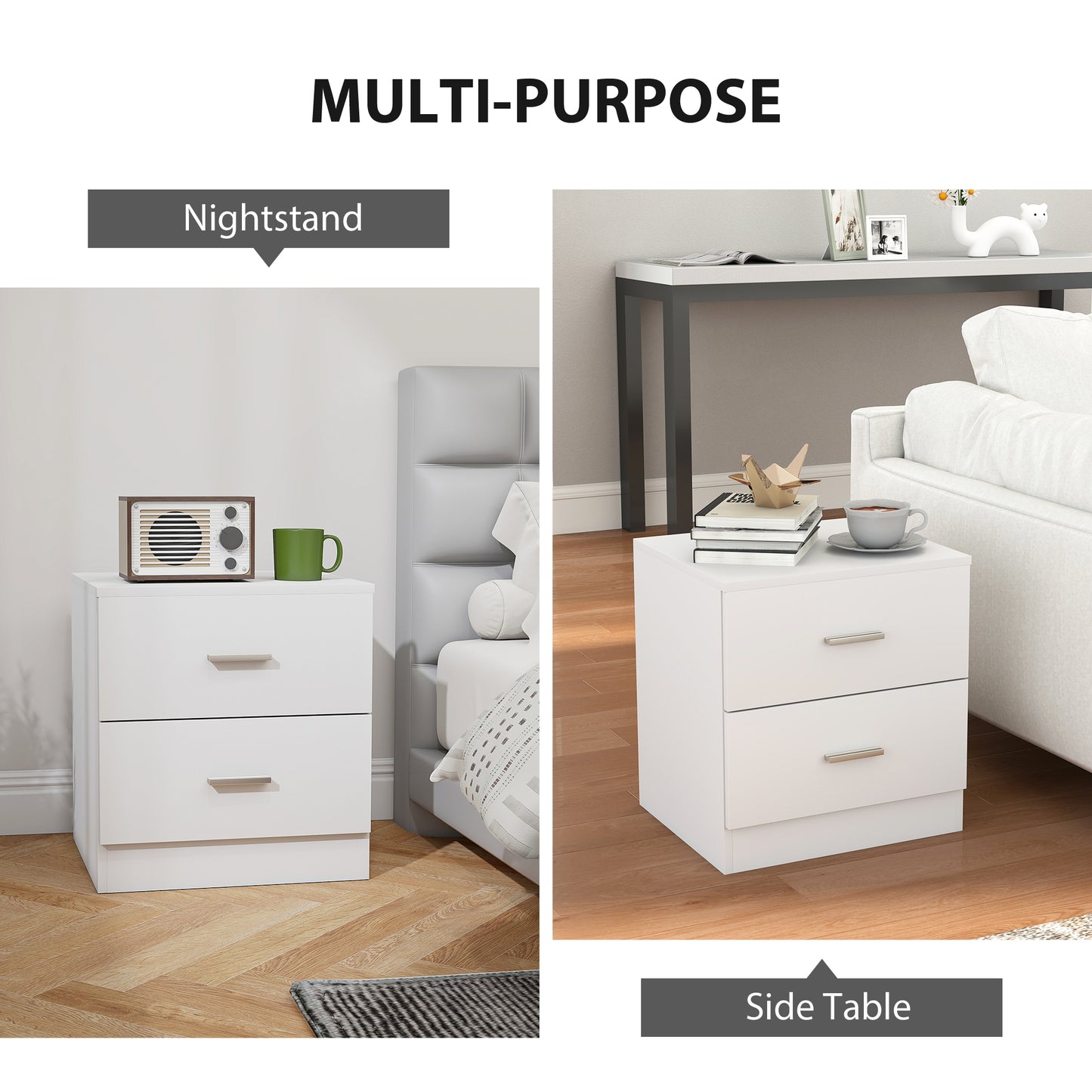 Kefa Yoka White Modern Bedside Table With 2 Drawer Storage