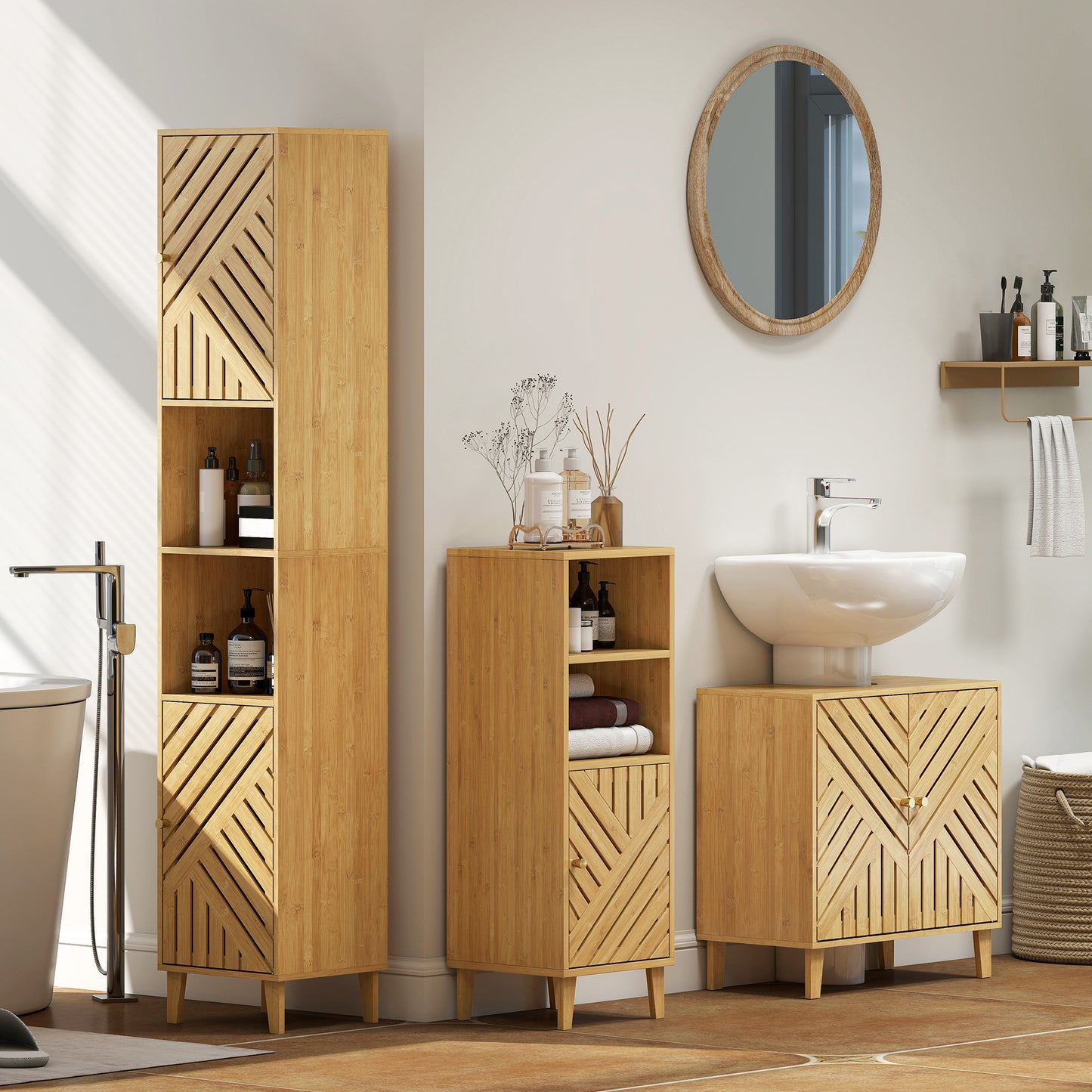 Mire Slim Freestanding Bathroom Storage Cabinet With Bamboo Door Legs And OFauxn Compartments Natural Wood Finish