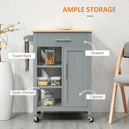 Sovasa Wooden Grey Compact Kitchen Trolley With OFauxn Shelves And Drawer Storage