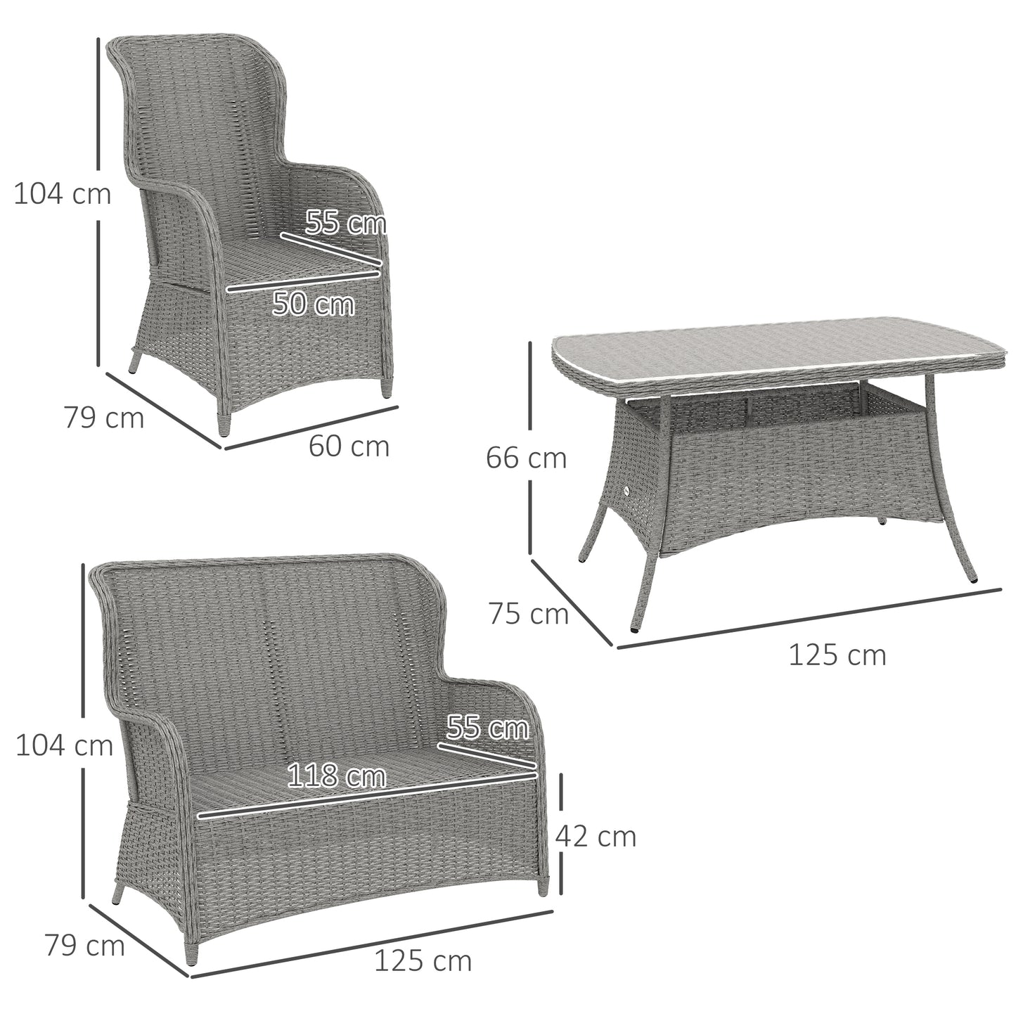 Fano Faux Rattan Grey 4 Seater Outdoor Dining Sofa Set With High Back Chairs And Glass Table