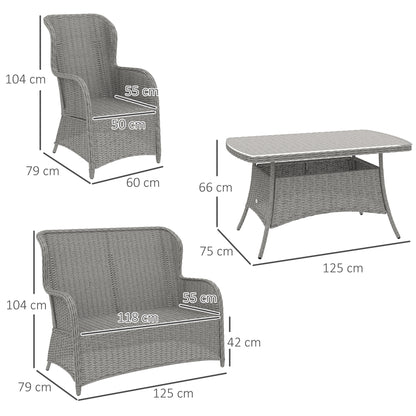 Fano Faux Rattan Grey 4 Seater Outdoor Dining Sofa Set With High Back Chairs And Glass Table