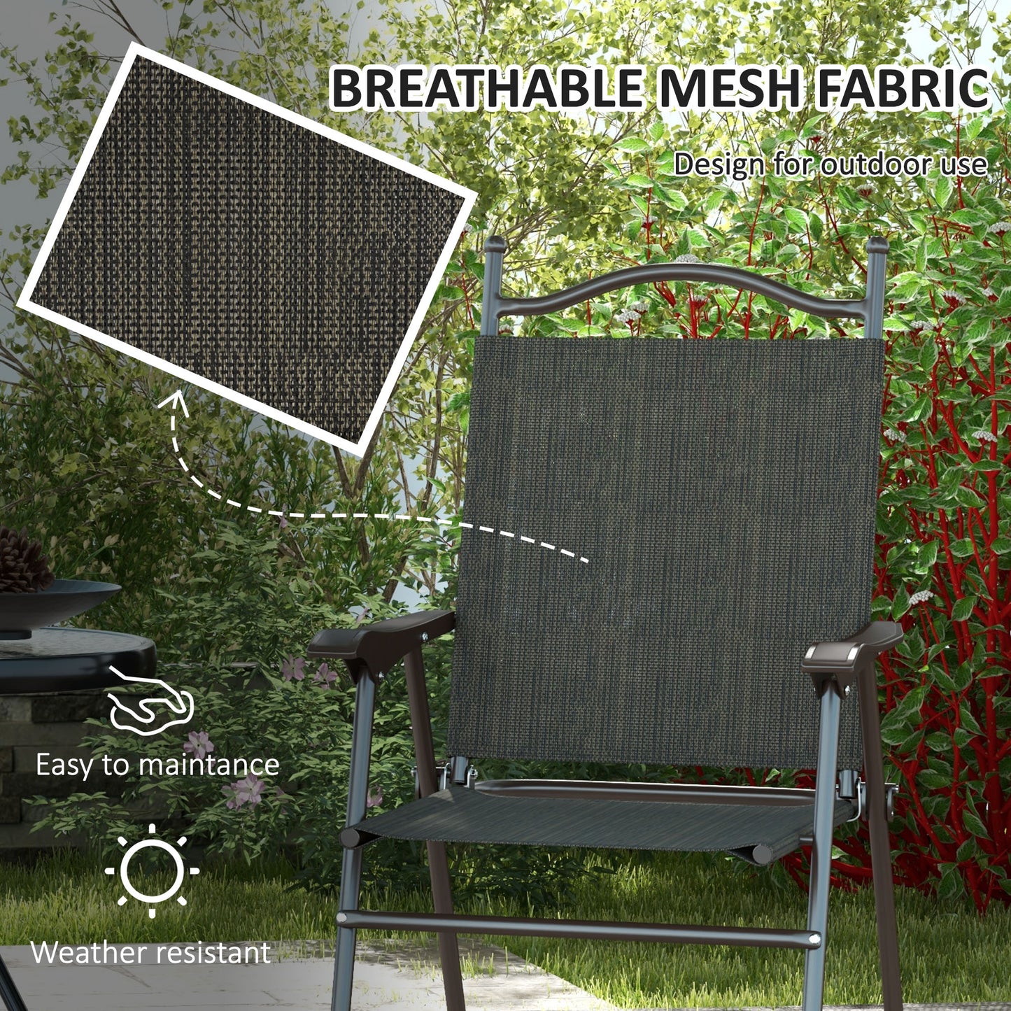 Covani Set Of 2 Metal Dark Brown Folding Garden Chairs With Fabric Mesh Seats
