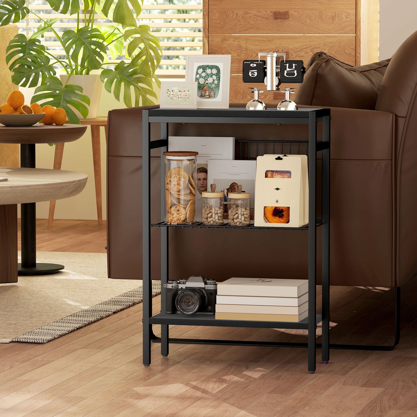 Notosu Metal And Wooden Black Industrial 3 Shelf Side Table