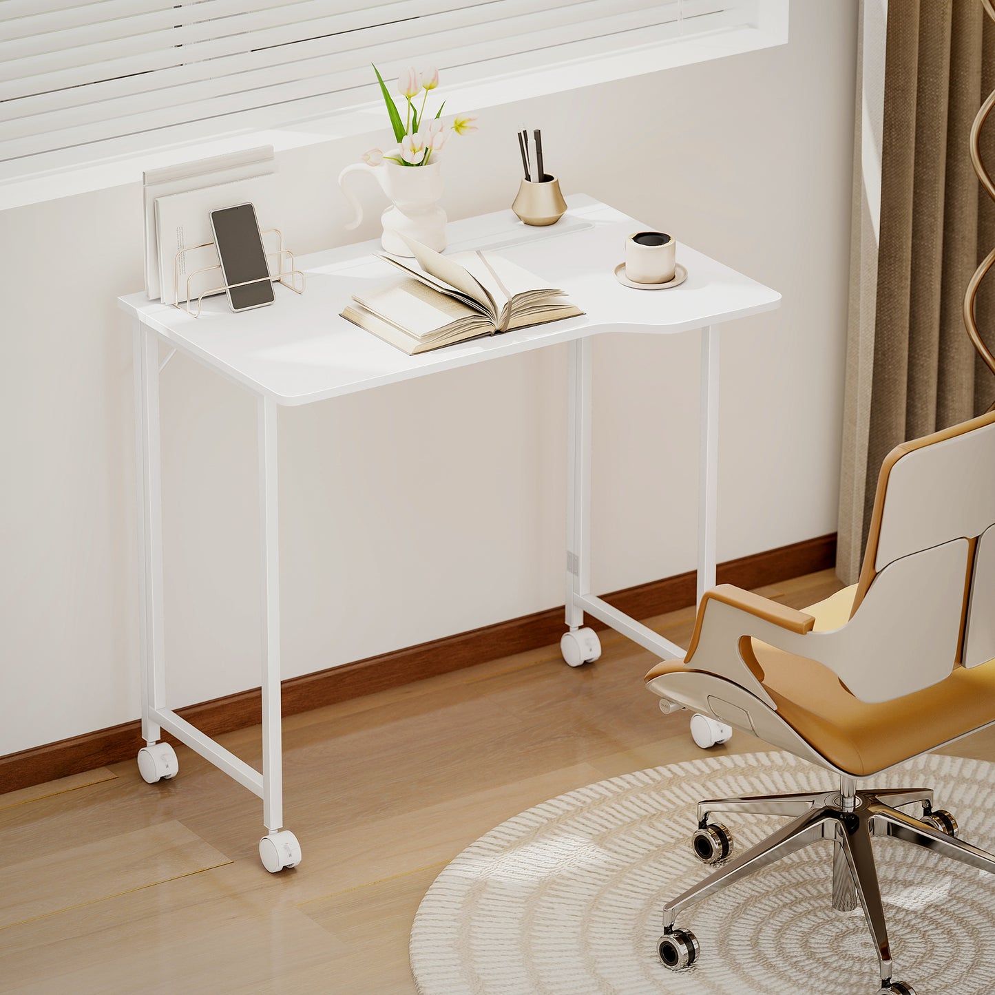 Veso 80cm Wooden White Folding Desk Lockable Wheels