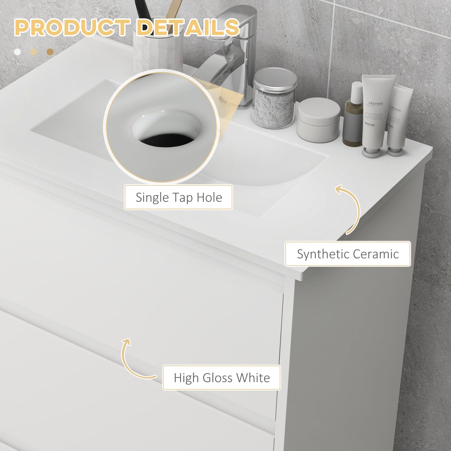 Nilute Floor Standing Bathroom Vanity Unit With Basin And 2 Drawers High Gloss White 600mm