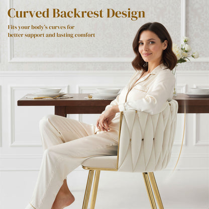 Sosura Set Of 2 Cream Velvet Upholstered Dining Chairs With Woven Back And Armrests