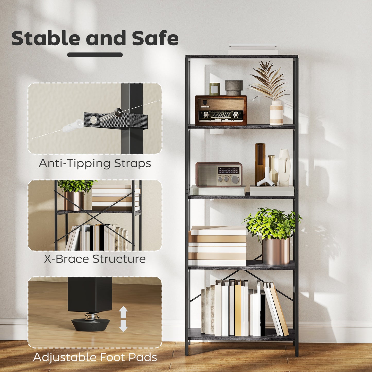 Livemi Metal And Wood Dark Grey And Black 5 Tier Industrial Bookcase