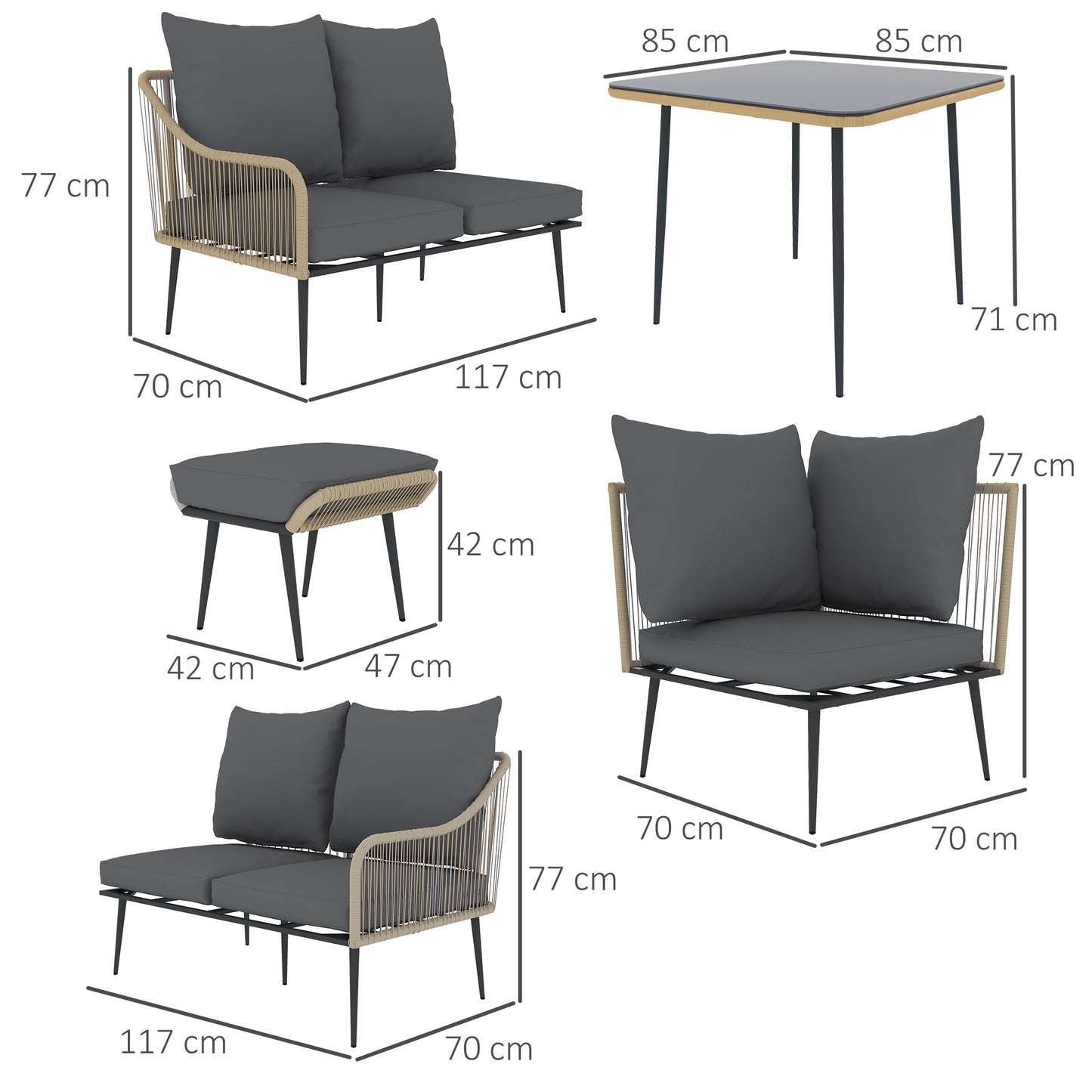 Nofise Rattan Brown and Grey 7 Seater Garden Sofa Set with Coffee Table and 2 Stools