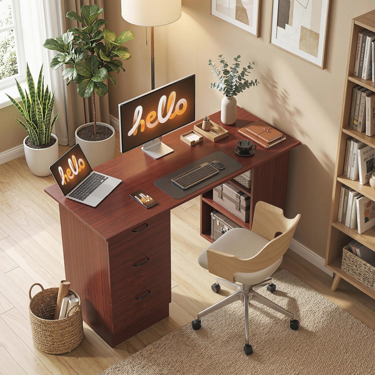 Mimi 120cm Wooden Walnut Brown Home Office Desk With 3 Shelves And Drawer Storage