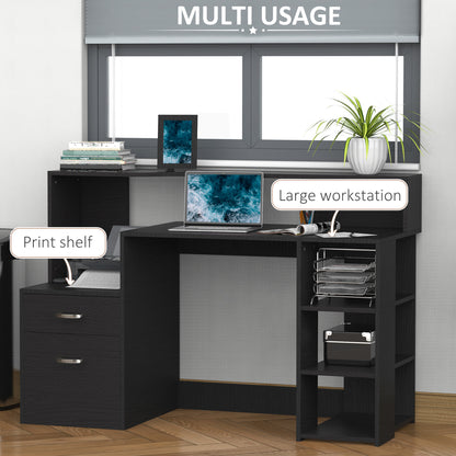 Tapava 137cm Wooden Black Large Office Desk With Shelves Drawers And Printer Stand