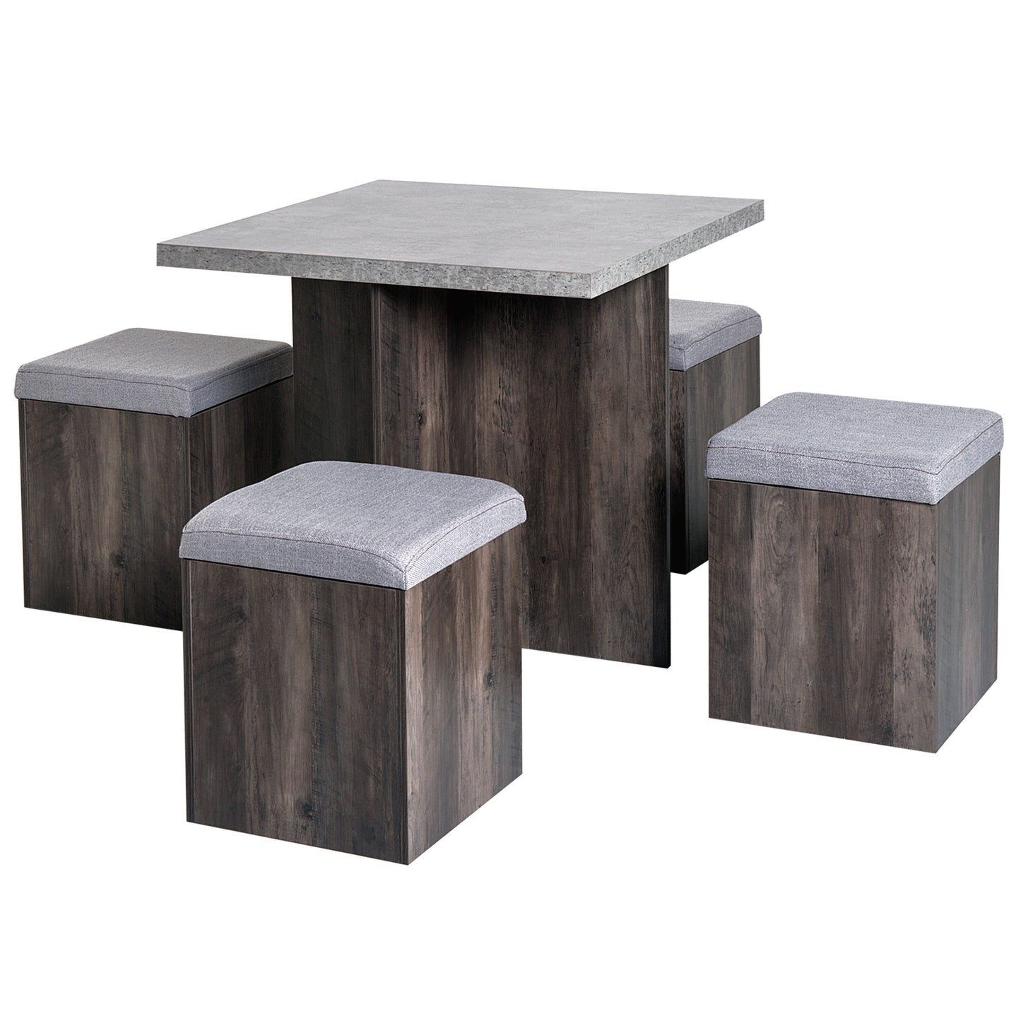 Nobael 5 Piece Metal And Wood Outdoor Dining Set With 4 Storage Stools Cushions And Table