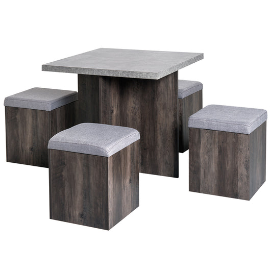 Nobael 5 Piece Metal And Wood Outdoor Dining Set With 4 Storage Stools Cushions And Table