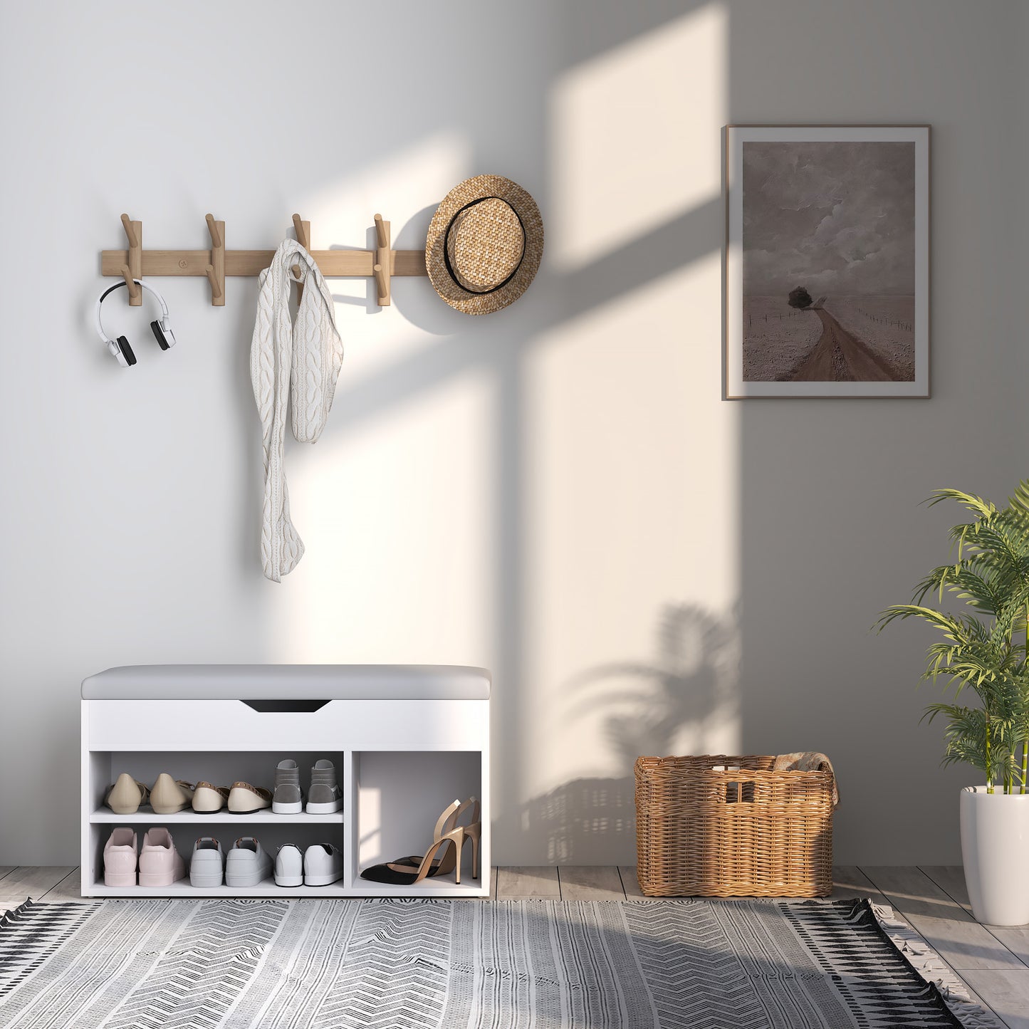 Zima Wooden White Shoe Storage Bench With Hidden Compartment And Grey Padded Seat