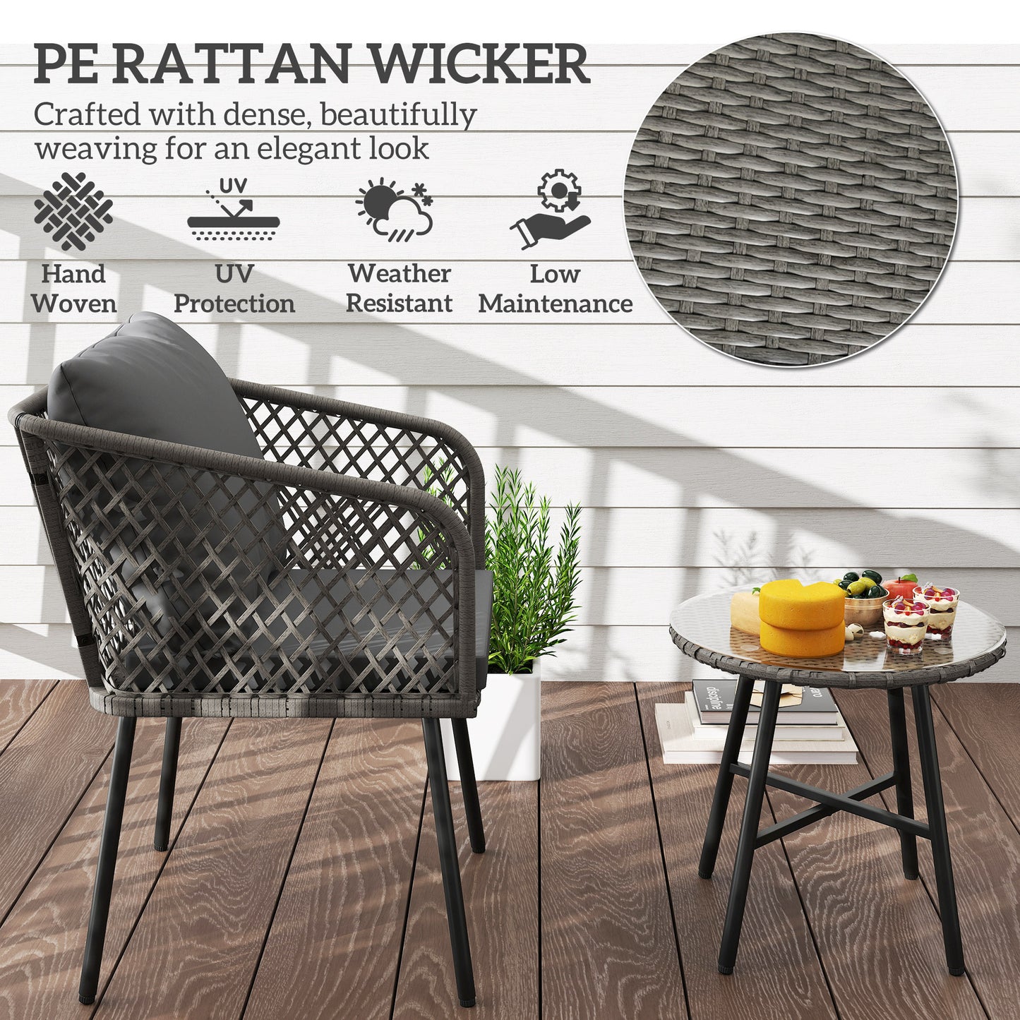 Fadi Natural Weaver Rattan Grey 3 Piece Bistro Set Table and Chairs