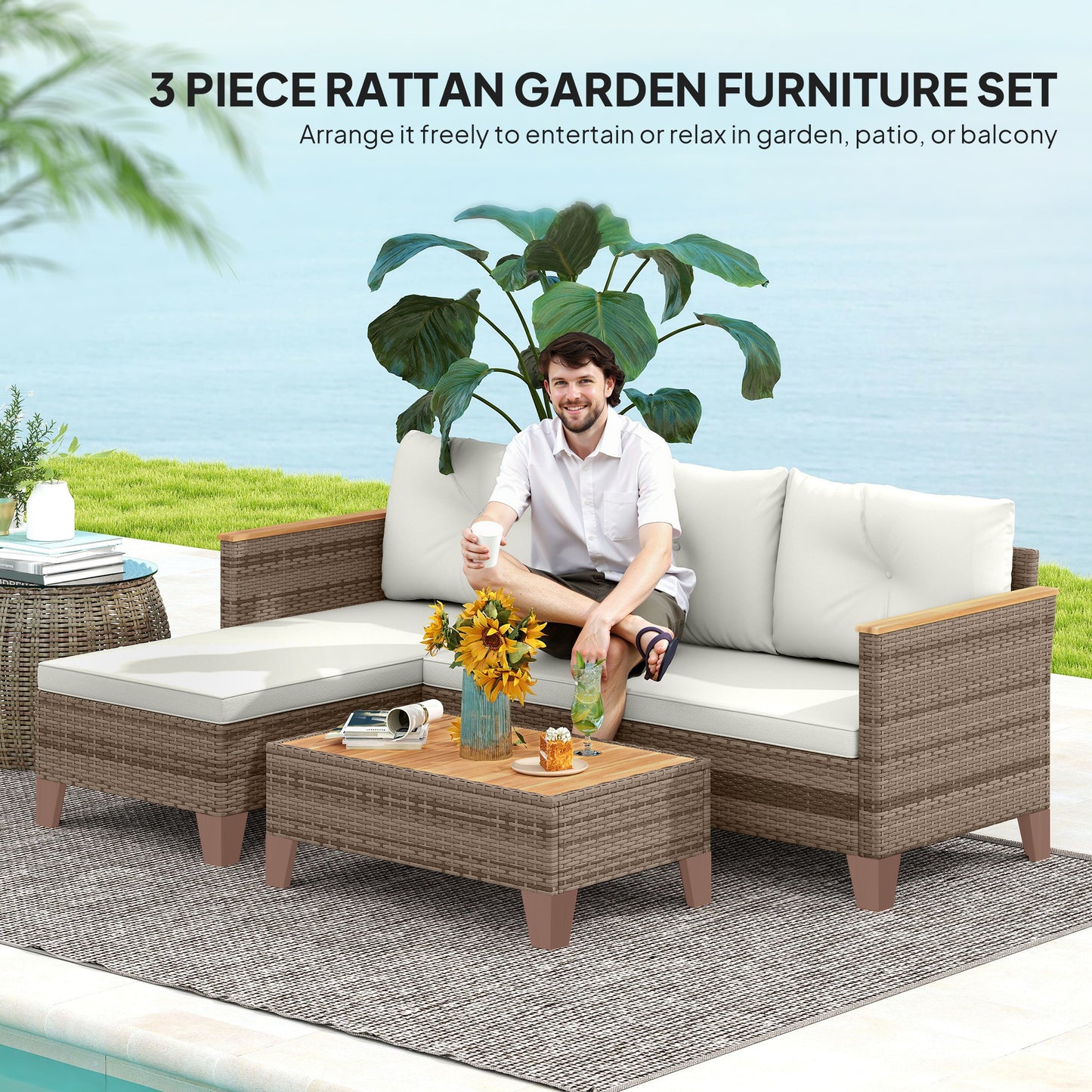 Serado Natural Rattan and Cream Fabric 3 Piece L Shaped Outdoor Conversation Set With Wood Top Table