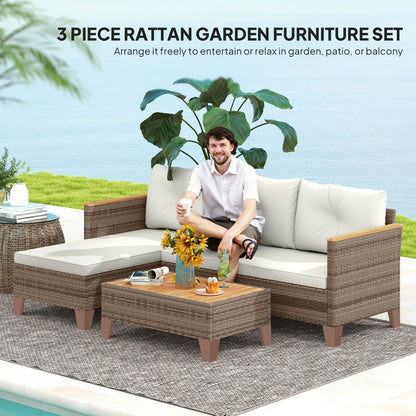 Serado Natural Rattan and Cream Fabric 3 Piece L Shaped Outdoor Conversation Set With Wood Top Table