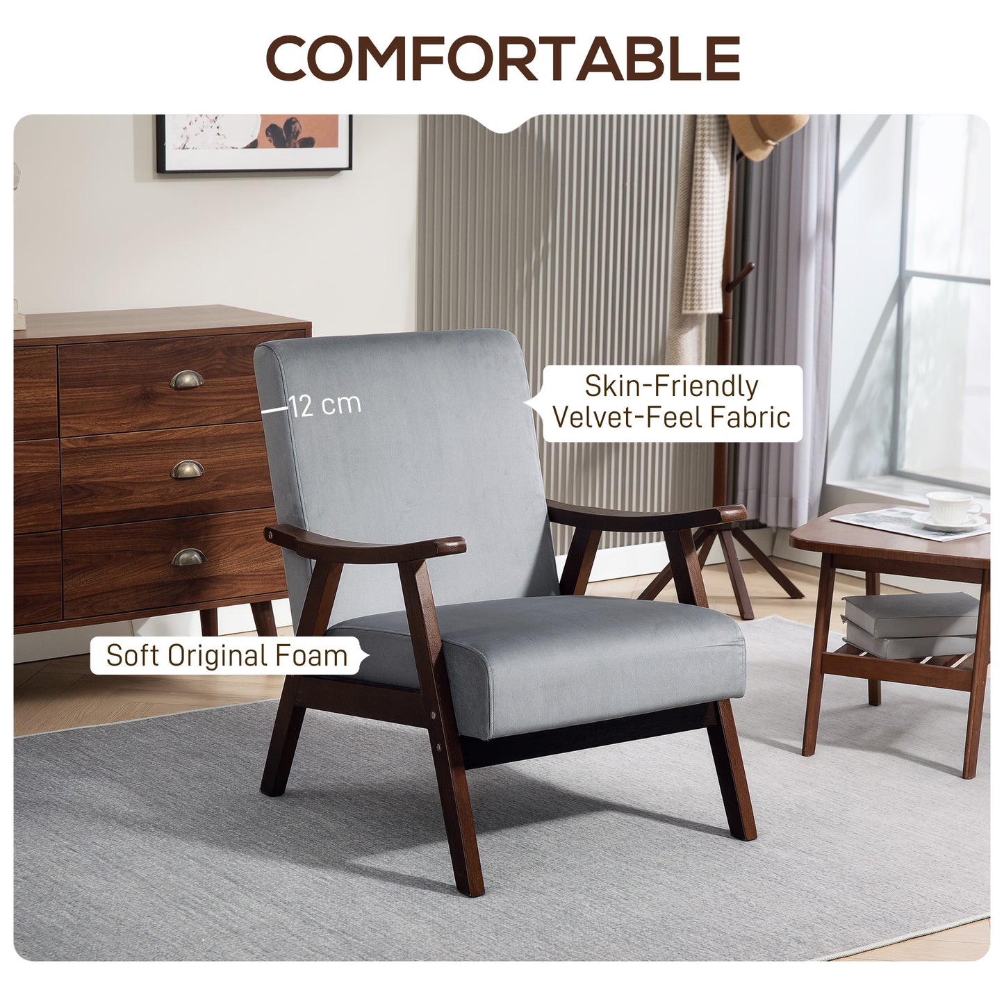 Faroro Velvet Grey Nordic Accent Armchair With Solid Wood Frame And Deep Padding
