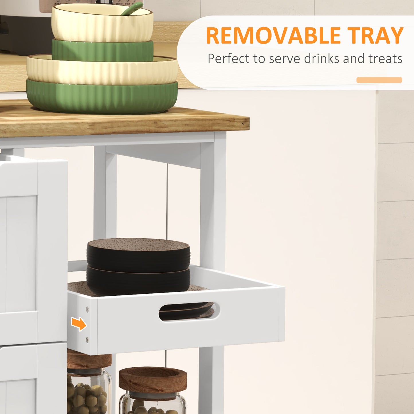 Lonoronno Wooden White Compact Rolling Kitchen Island With Natural 3 Shelves 3 Drawers