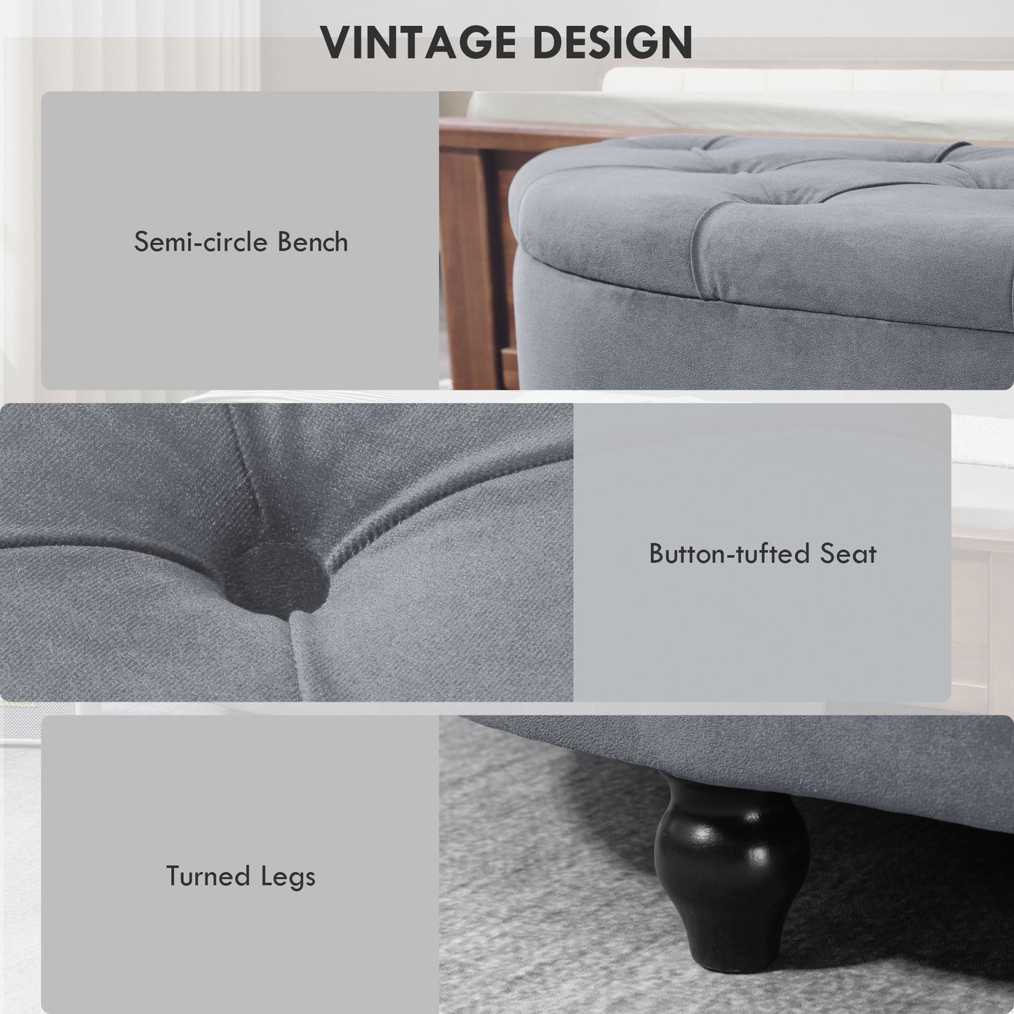 Rafili Velvet Grey Semi Circle Storage Bench With Tufted Seat