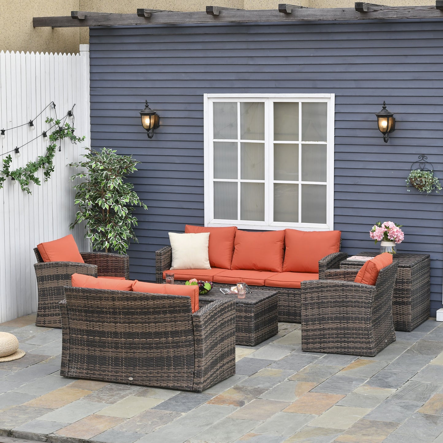 Toleli Brown Rattan Orange Cushions 7 Seater Outdoor Sofa Set With Storage Tables
