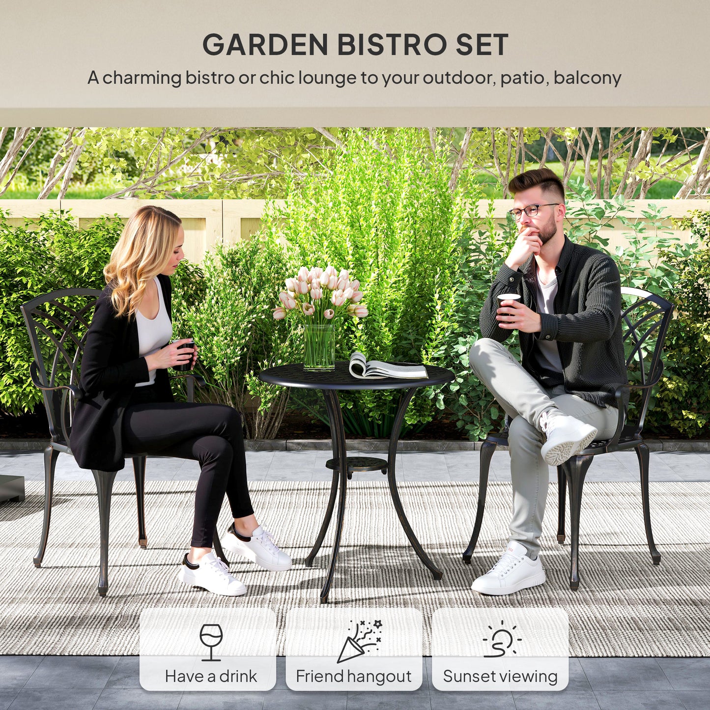 Haloco Cast Aluminium Bronze Tone 3 Piece Garden Bistro Set With Armchairs And Round Table