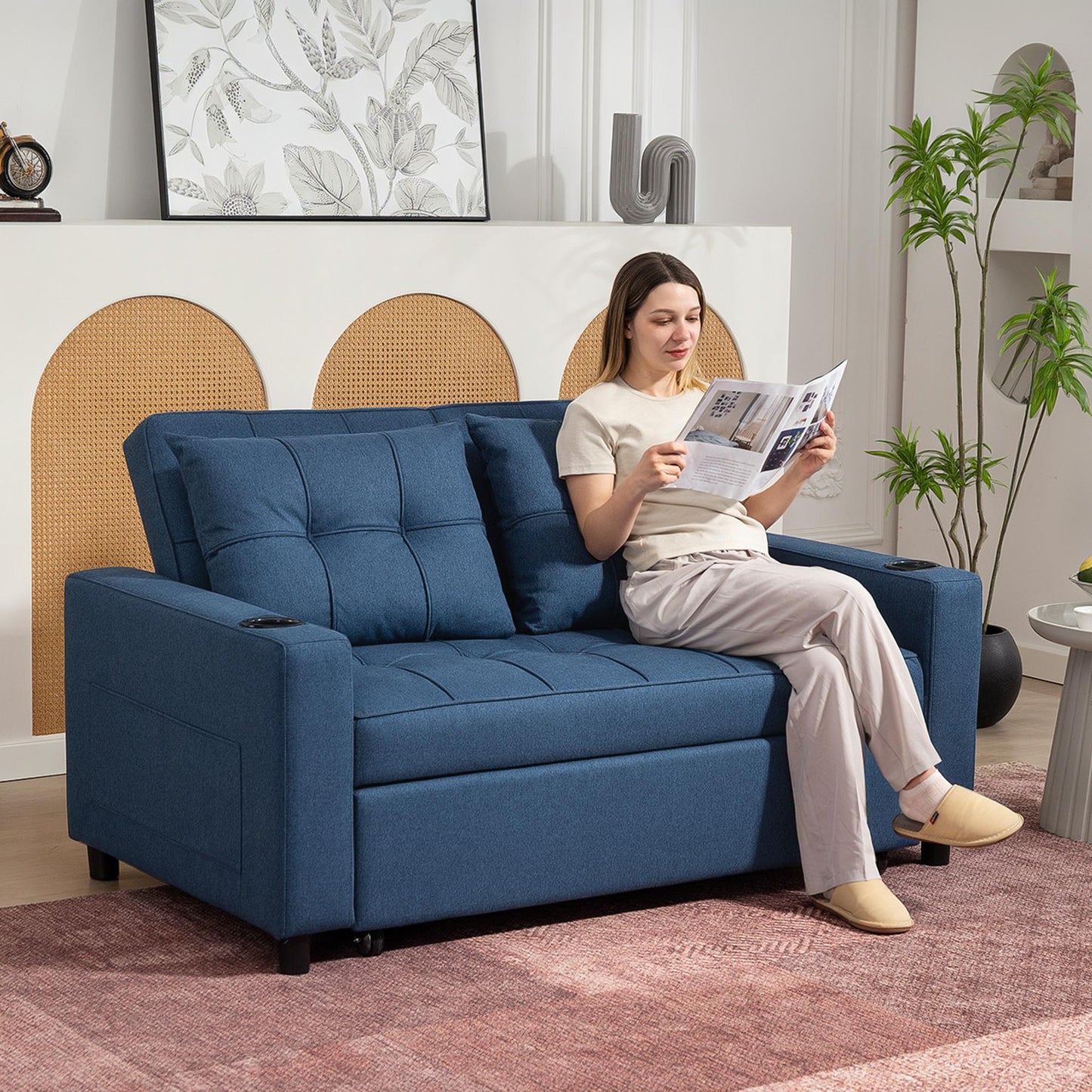 Mizifi Fabric Dark Blue 2 Seater Pull Out Sofa Bed