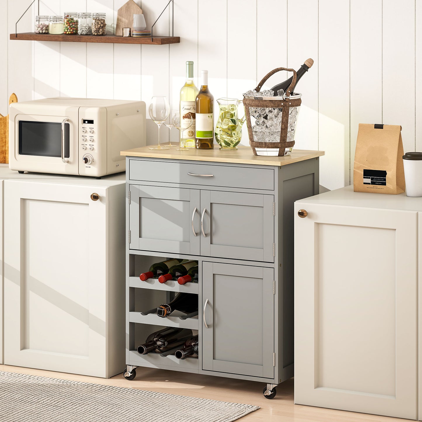 Lehari Grey Wooden Rolling Kitchen Island With Drawer Wine Rack Door Cabinets And Natural Wood Top