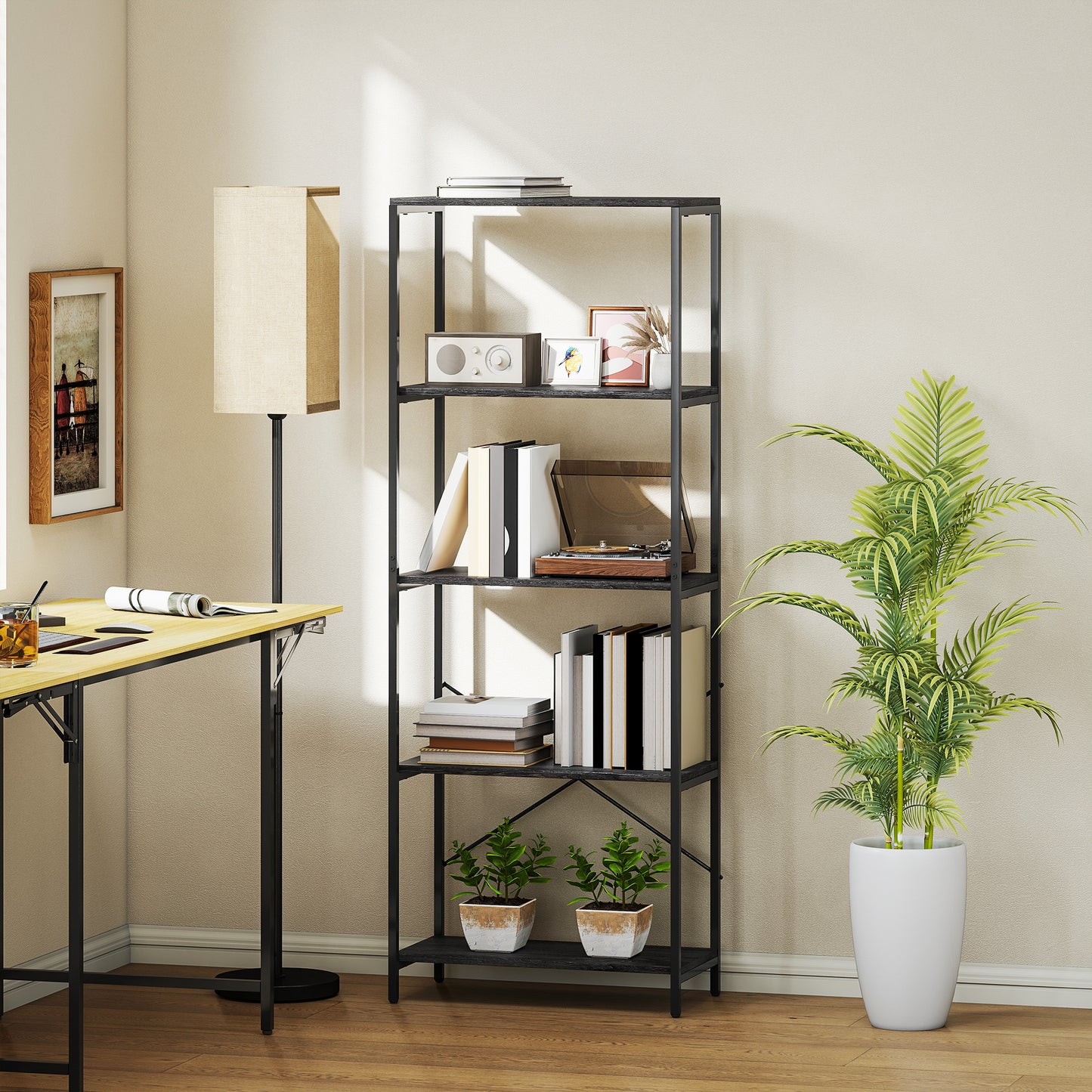 Livemi Metal And Wood Dark Grey And Black 5 Tier Industrial Bookcase