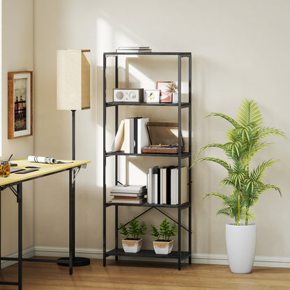 Livemi Metal And Wood Dark Grey And Black 5 Tier Industrial Bookcase