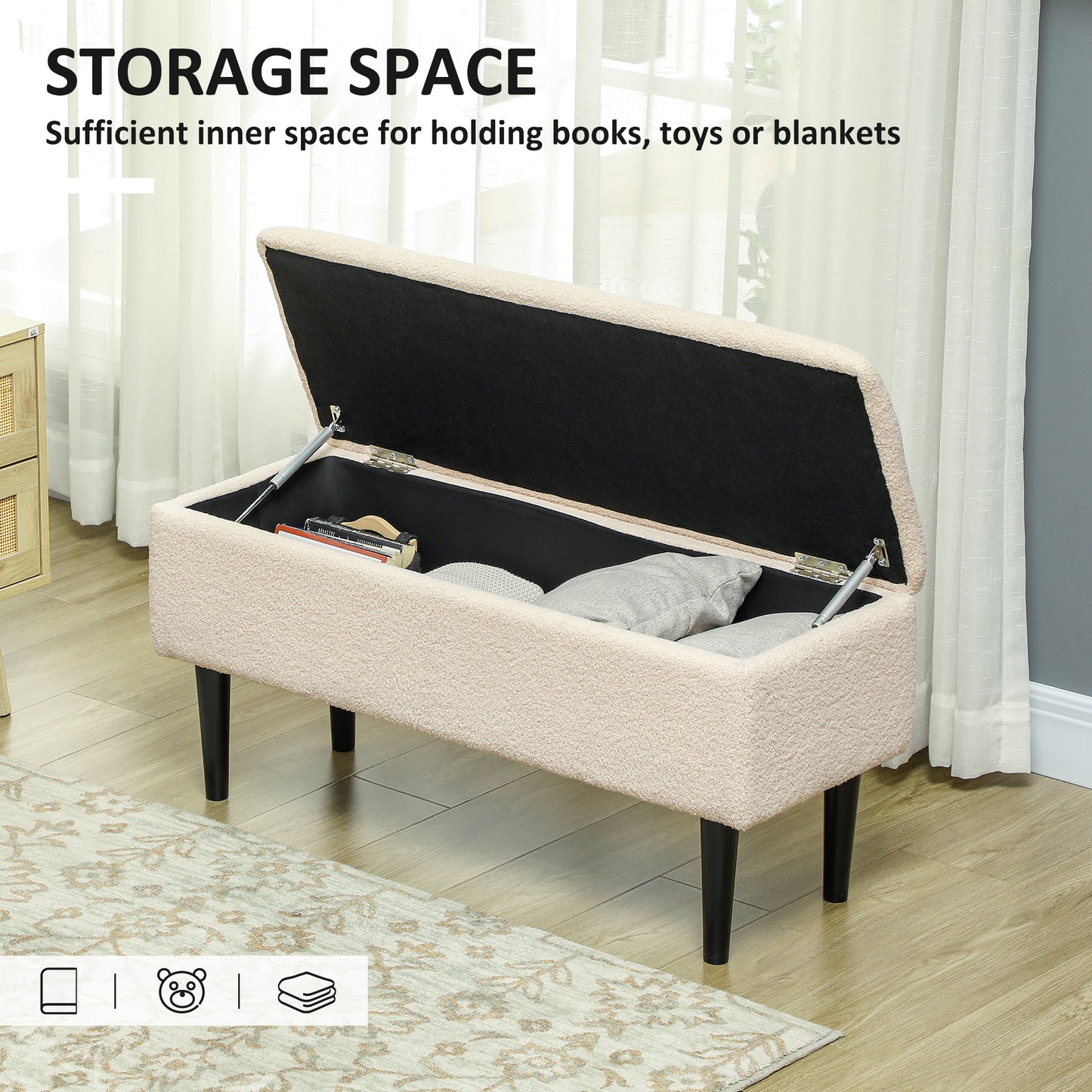Nevano Boucle Cream Storage Ottoman Teddy Fleece
