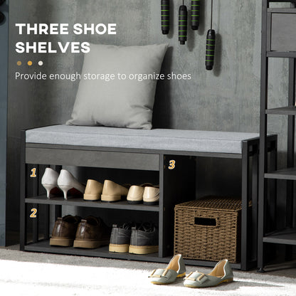 Vifava Neyo Grey Wood and Black Metal Upholstered Entryway Shoe Bench With 3 Shelves