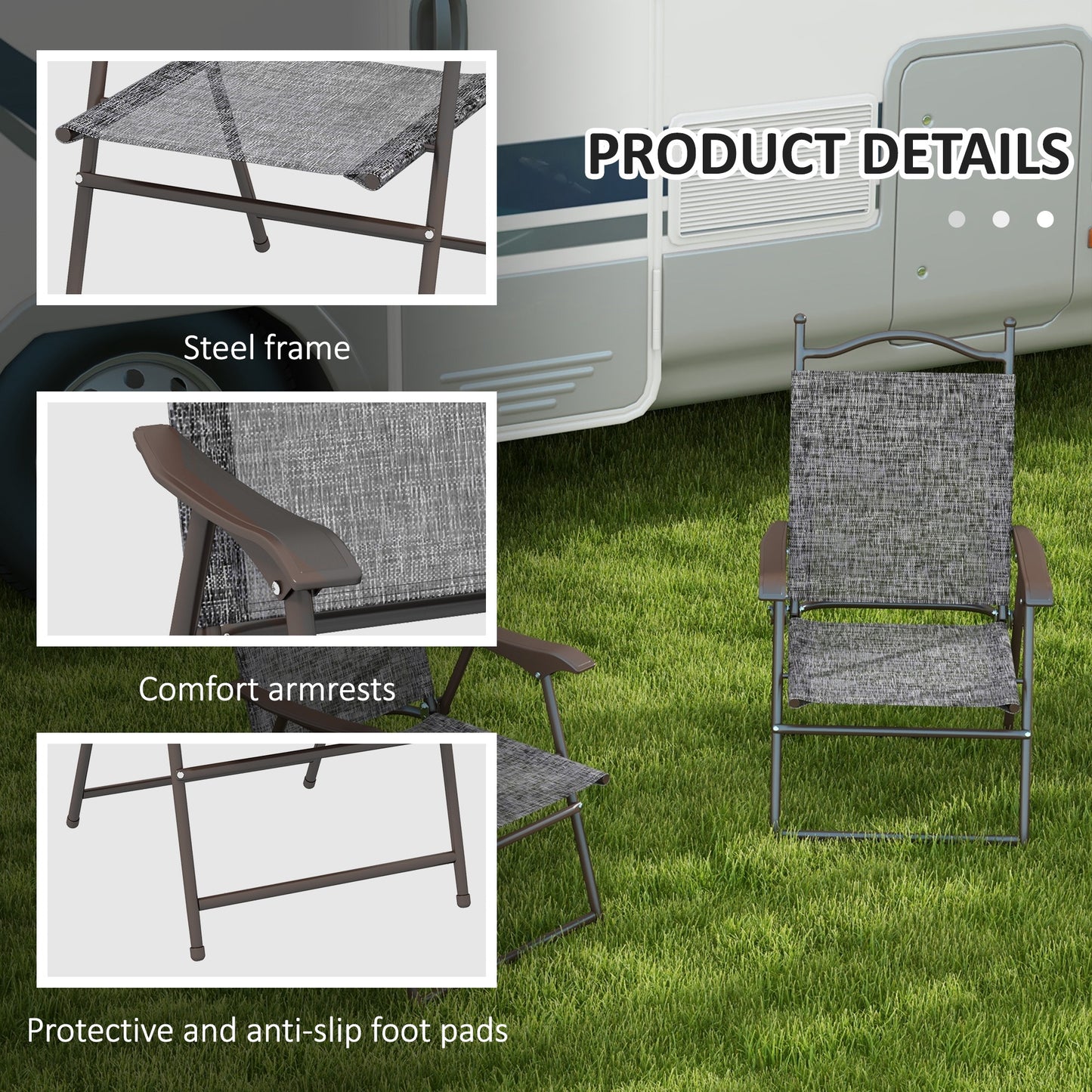 Hael Set Of 2 Metal Grey Folding Garden Chairs With Fabric Mesh Seats