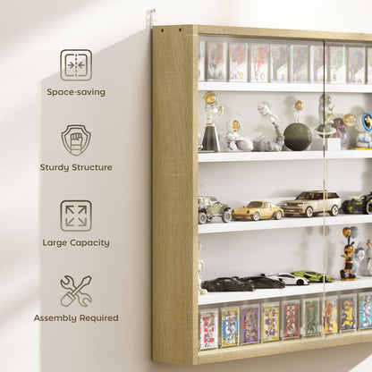 Nisa Vise Wood And Glass Natural Finish 5 Tier Wall Display Cabinet With Adjustable Shelves 60 x 80 cm