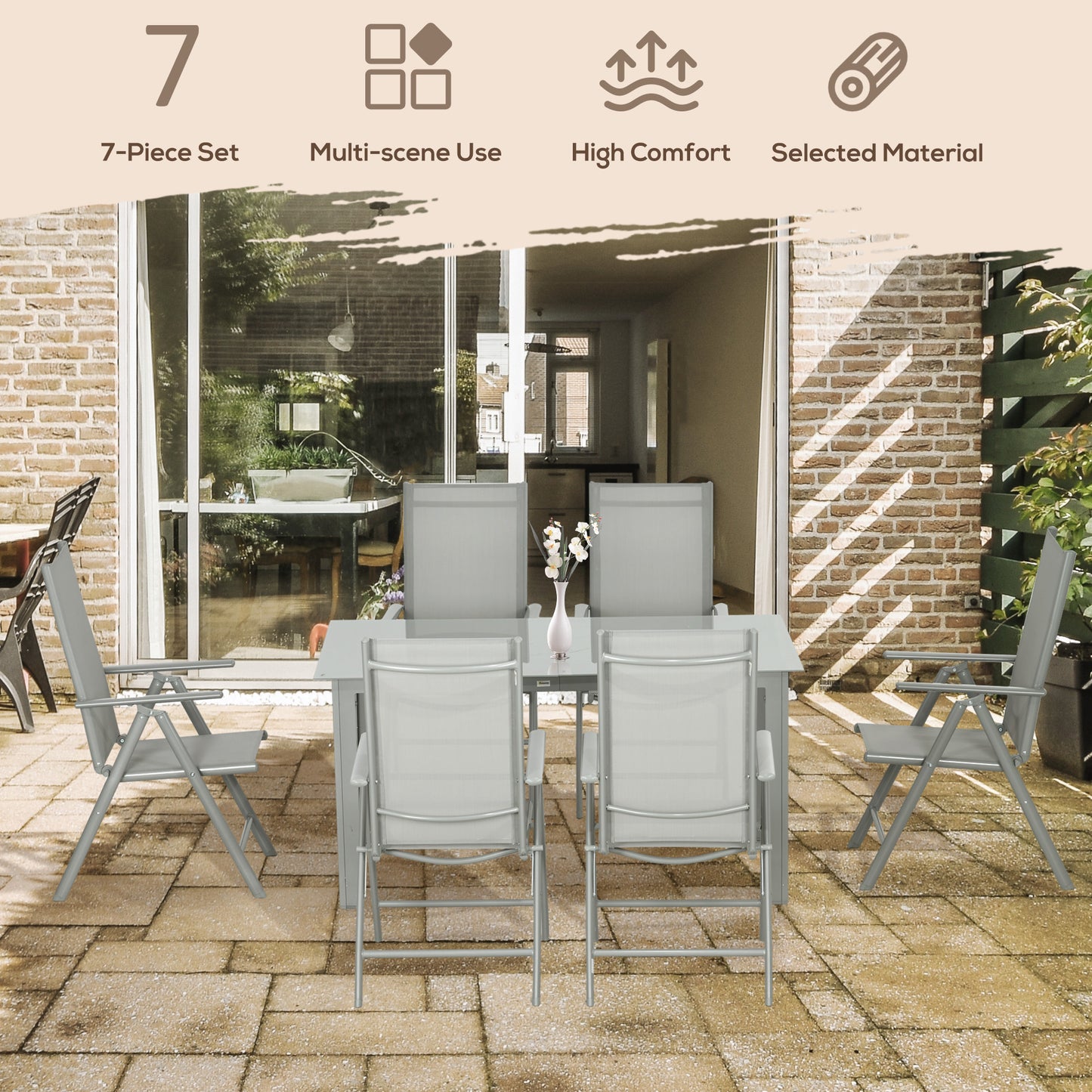 Pasano 6 Seater Light Grey Garden Dining Set Outdoor Tempered Glass Top Table and Folding Mesh Chairs