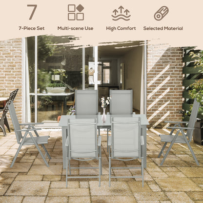 Pasano 6 Seater Light Grey Garden Dining Set Outdoor Tempered Glass Top Table and Folding Mesh Chairs